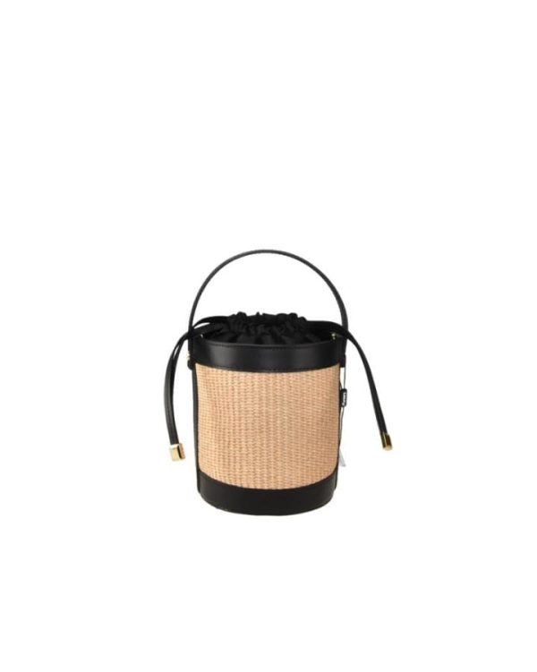 Secchiello in pelle & raffia 100% made in Italy, con tracolla NERO